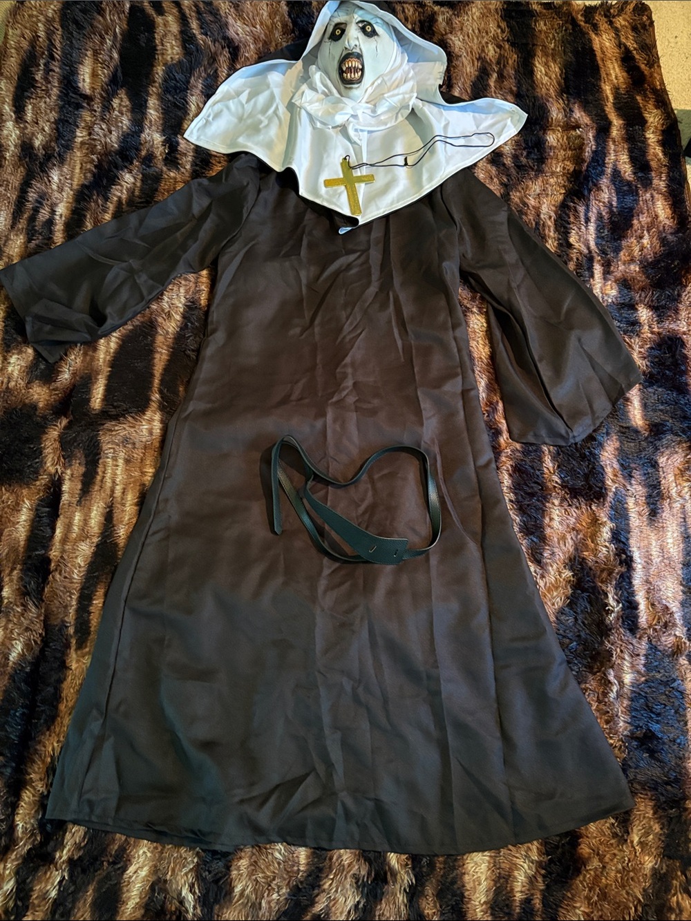 Black and White Nun-Style Halloween costume with Hood and Cross Accent